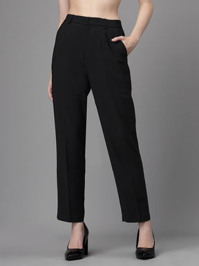 Women Black Polyester Solid Trouser
