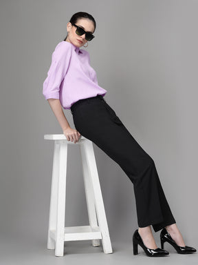 Women Black Polyester Solid Trouser