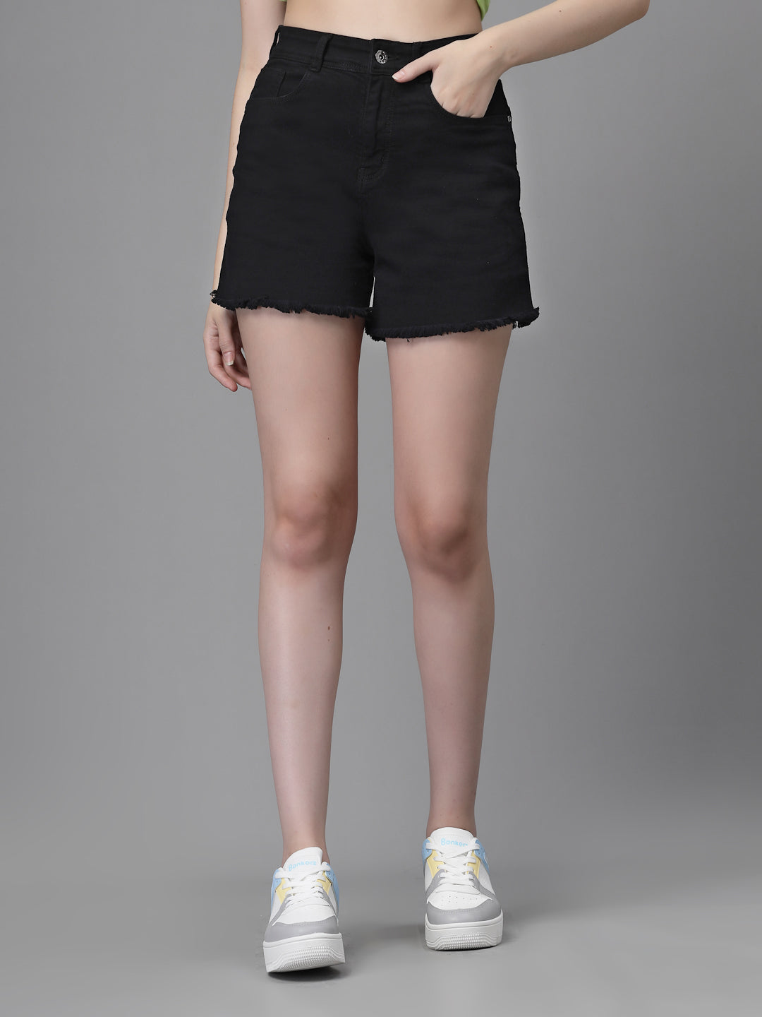 Women Black Cotton Blend  Solid High Rise Casual Shorts - Global Republic