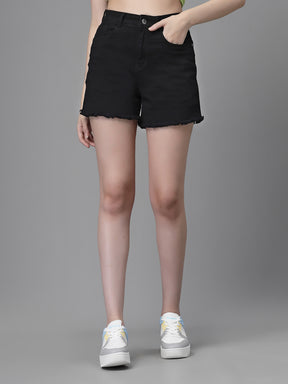 Women Black Cotton Blend  Solid High Rise Casual Shorts