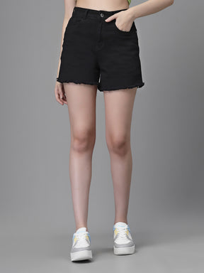 Women Black Cotton Solid Mid Rise Casual Shorts