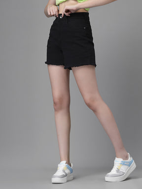 Women Black Cotton Blend  Solid High Rise Casual Shorts