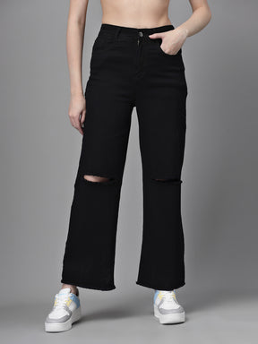 Women Loose Fit Distressed Black Jeans
