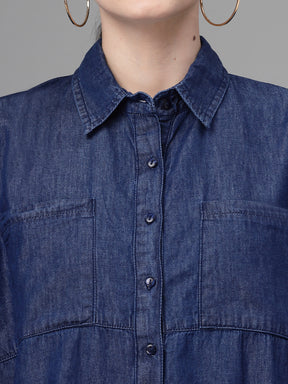 Women Blue Collar Neck Straight Fit Shirt
