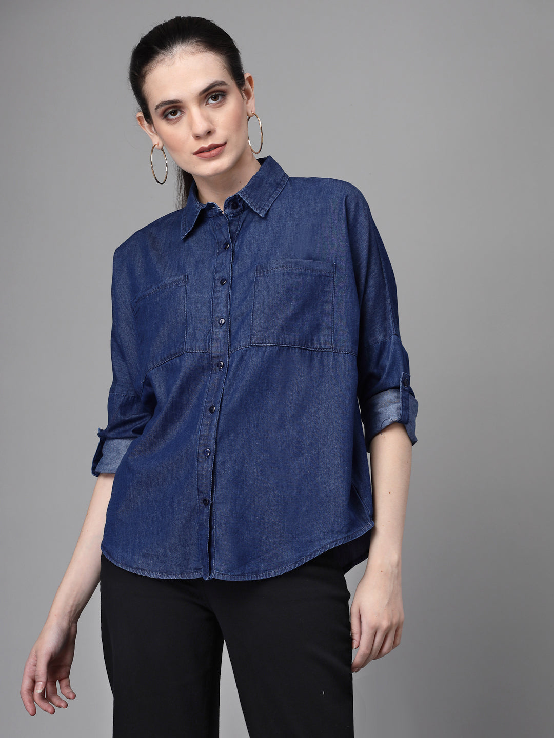 Women Blue Collar Neck Straight Fit Shirt