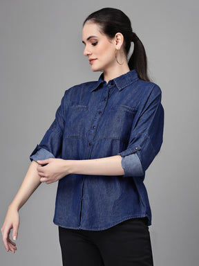 Women Blue Collar Neck Straight Fit Shirt