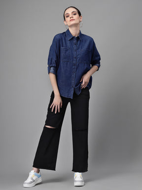 Women Blue Collar Neck Straight Fit Shirt