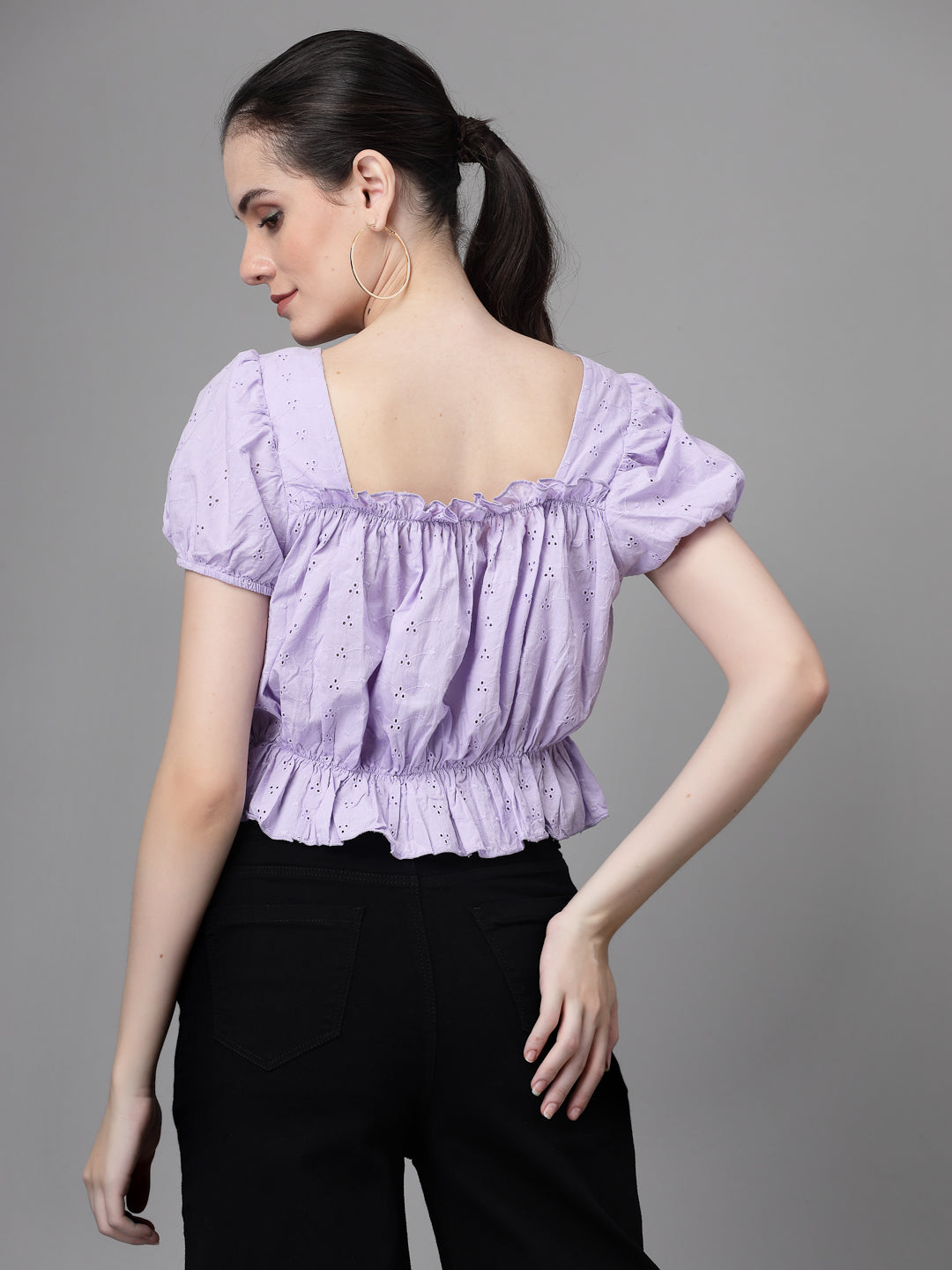 Women Lilac Square Neck Puffed Blouse Top