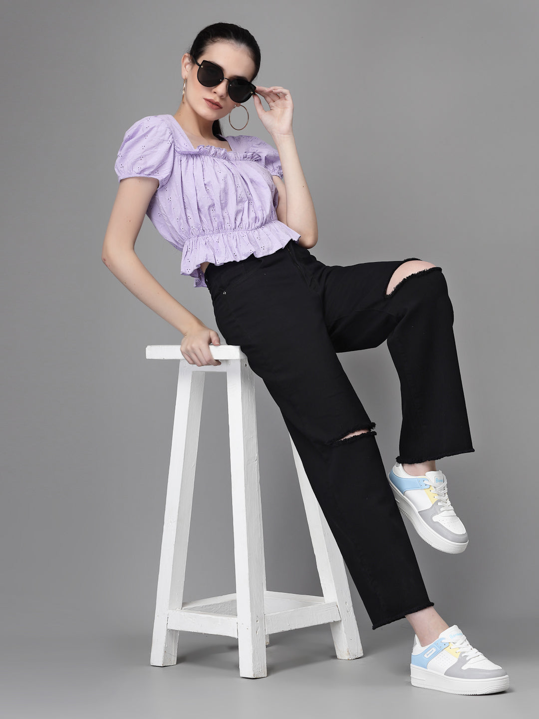 Women Lilac Square Neck Puffed Blouse Top