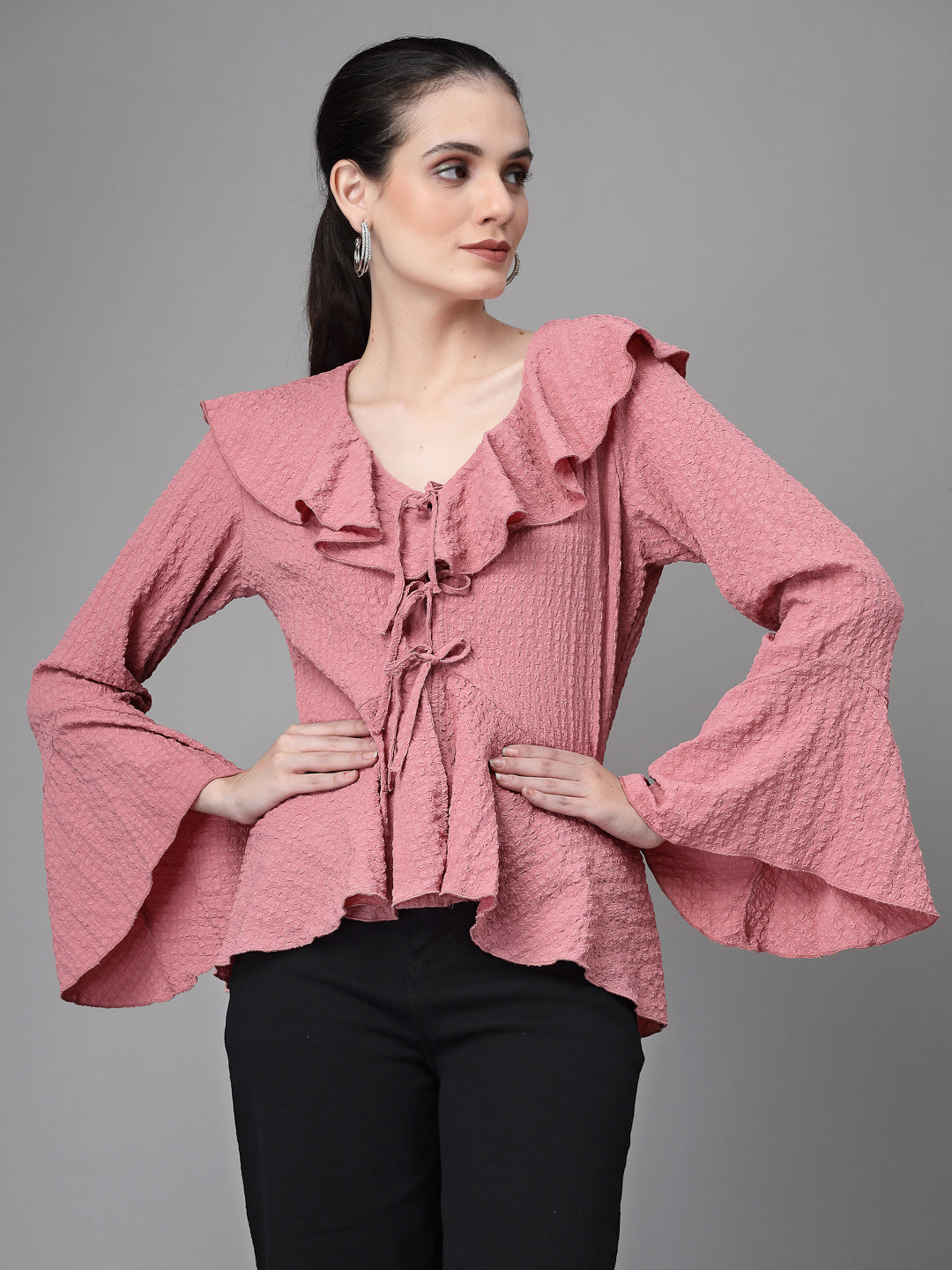 Women Bell Sleeves V Neck A-Line Dusty Pink Blouse