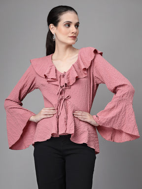 Women Bell Sleeves V Neck A-Line Dusty Pink Blouse