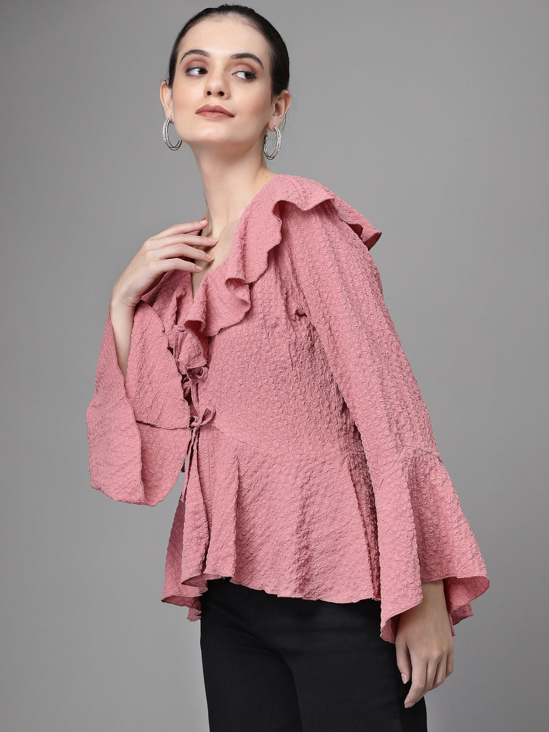 Women Bell Sleeves V Neck A-Line Dusty Pink Blouson Top