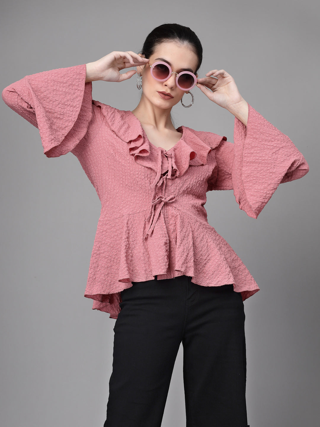 Women Bell Sleeves V Neck A-Line Dusty Pink Blouse