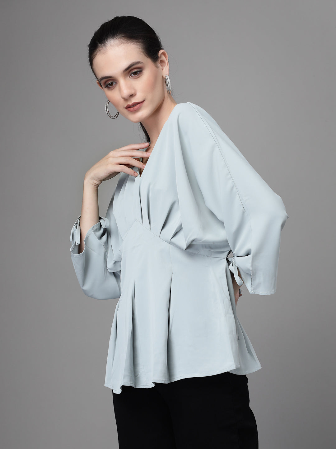 Women V-Neck Loose Fit Grey Peplum Top