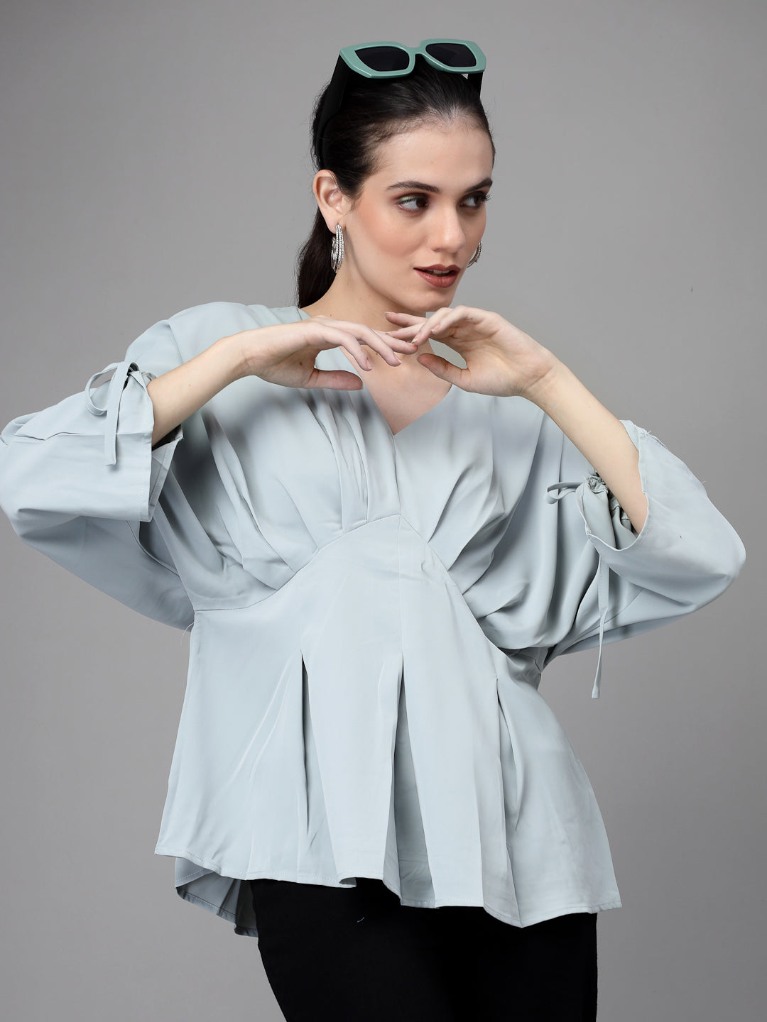 Women V-Neck Loose Fit Grey Peplum Top