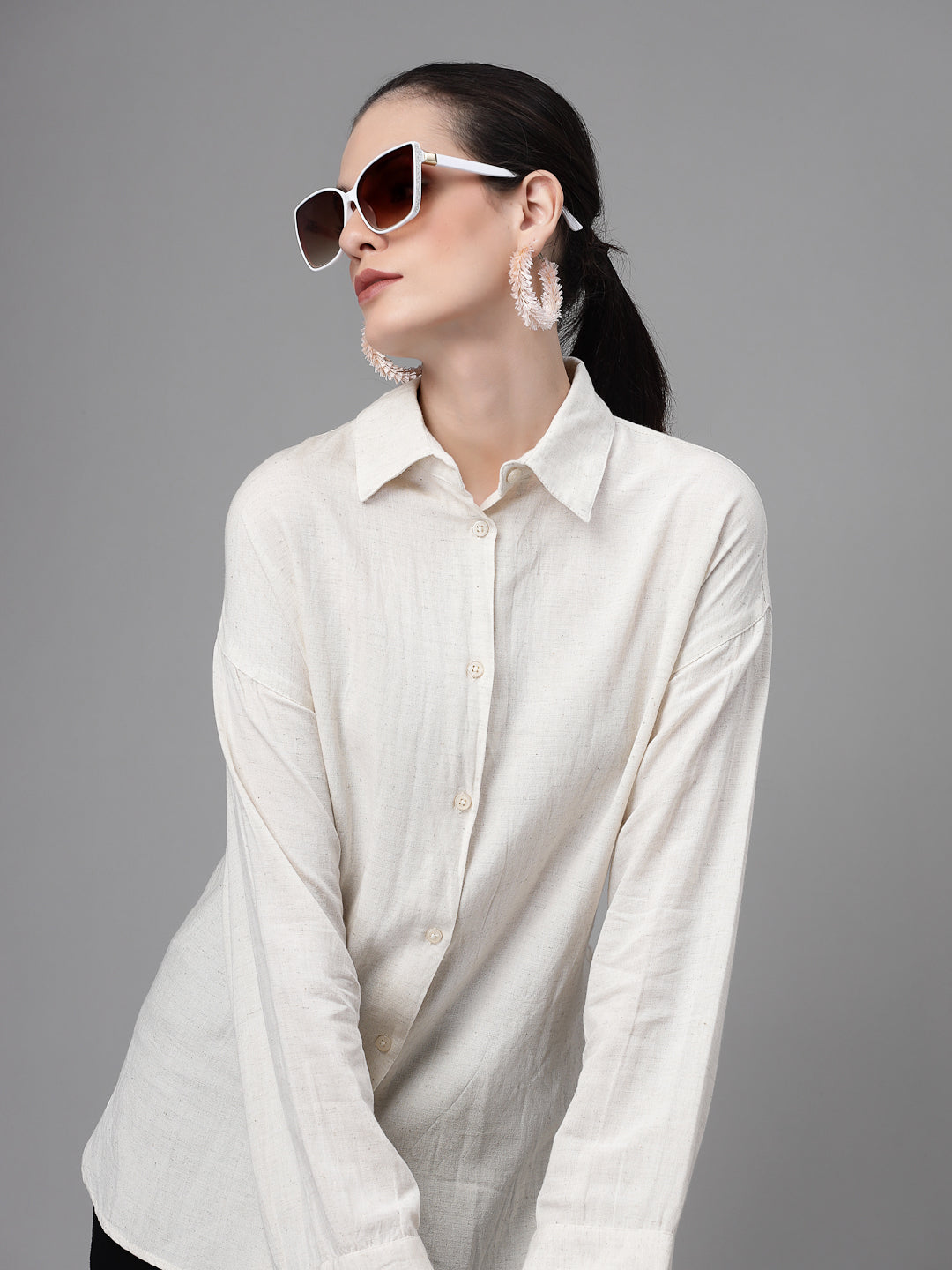 Women Natural Collar Neck Loose Fit Cotton Shirt