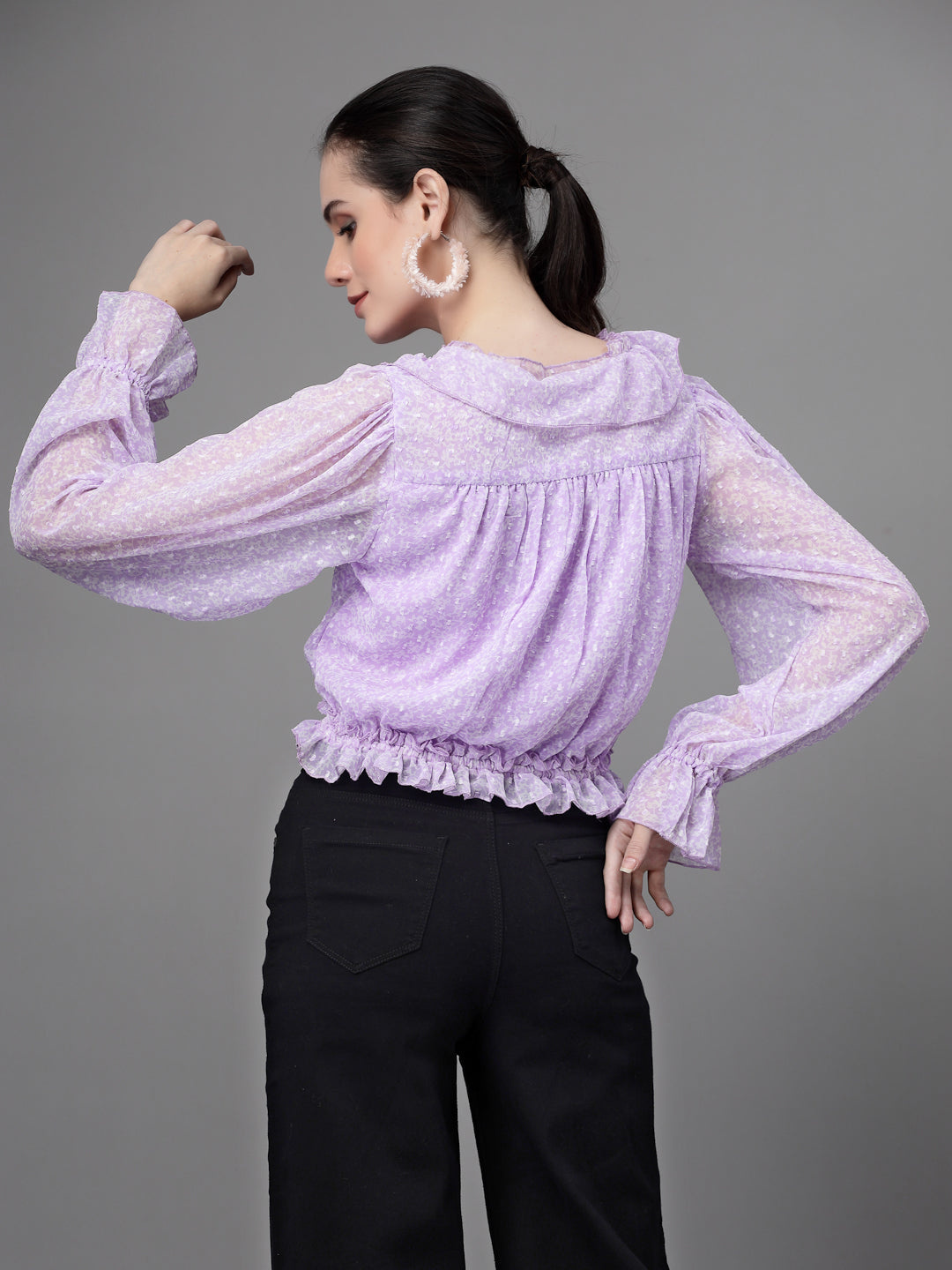 Women Puffed Sleeves V Neck Lilac Blouson Top