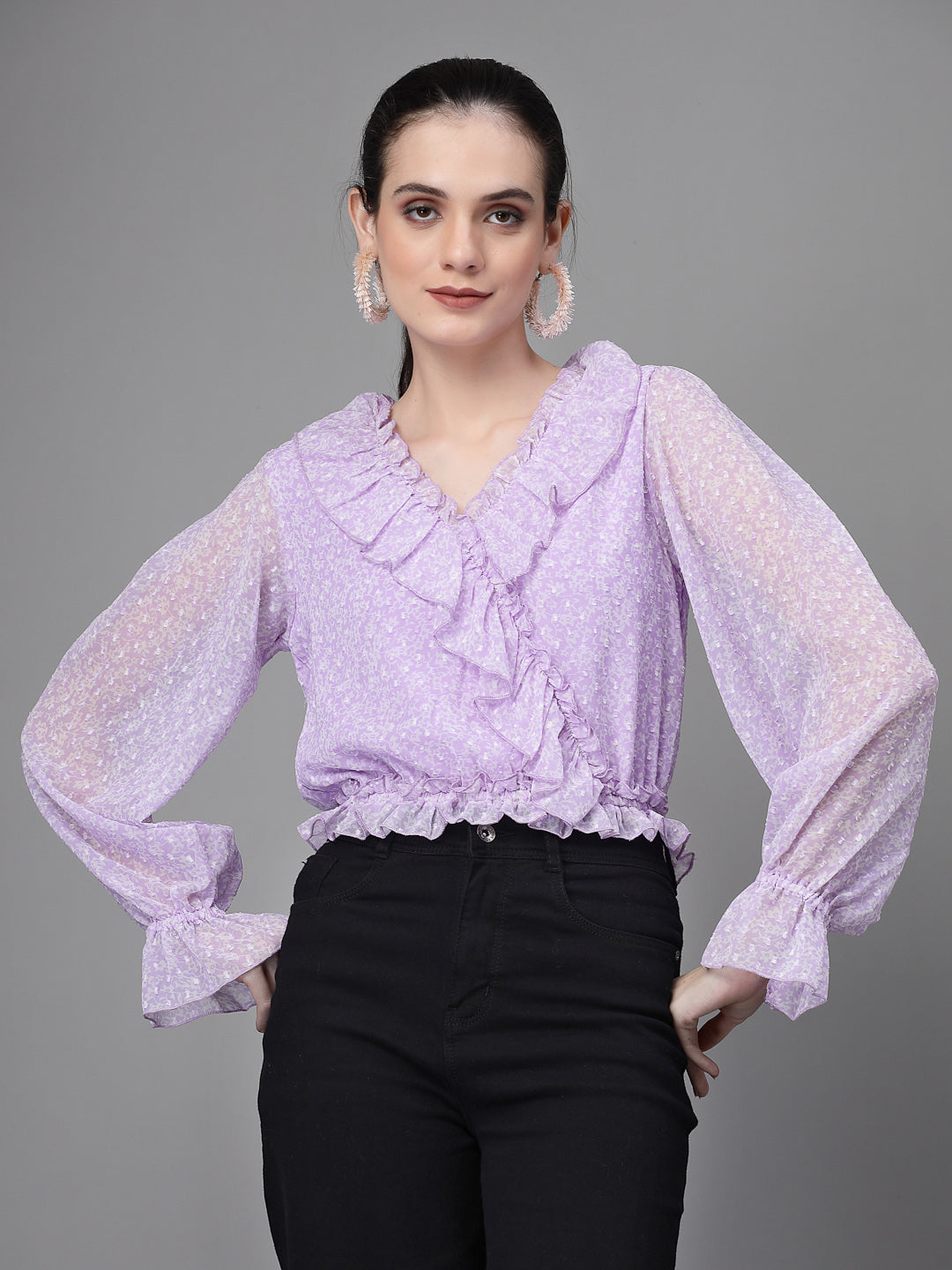 Women Puffed Sleeves V Neck Blouson Top