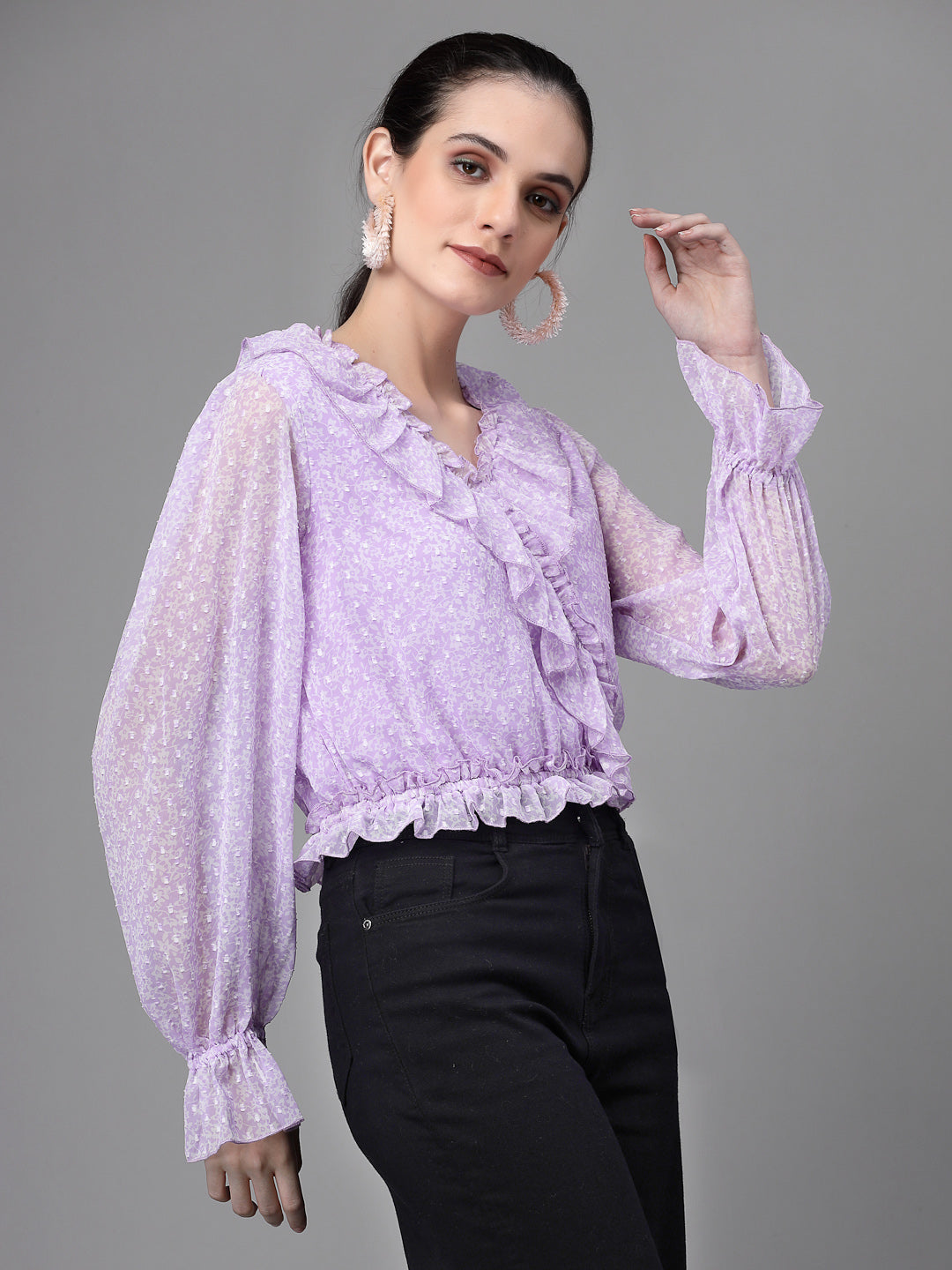 Women Puffed Sleeves V Neck Lilac Blouse Top