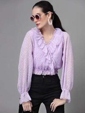 Women Puffed Sleeves V Neck Lilac Blouson Top