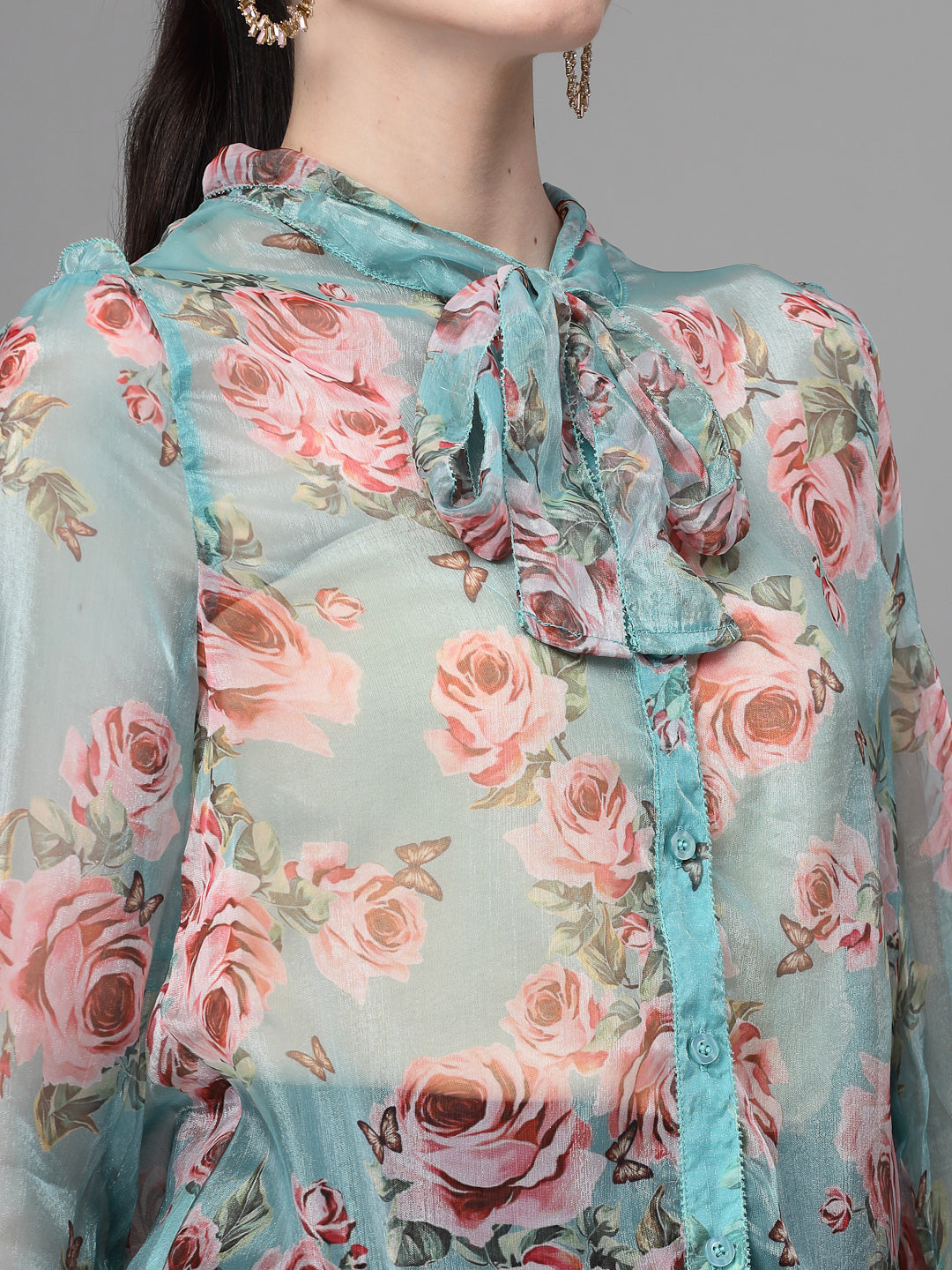 Women Jabot Collar Neck Printed Aqua Shirt