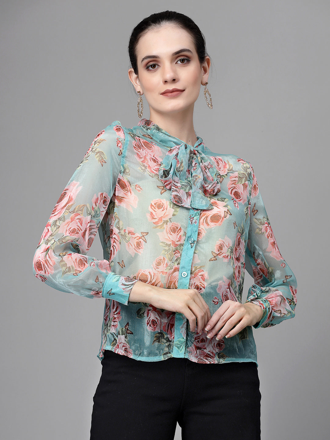 Blue Jabot Collar Floral Shirt