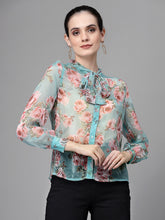 Blue Jabot Collar Floral Shirt