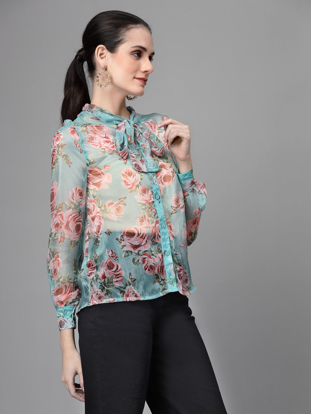 Women Jabot Collar Neck Printed Aqua Shirt