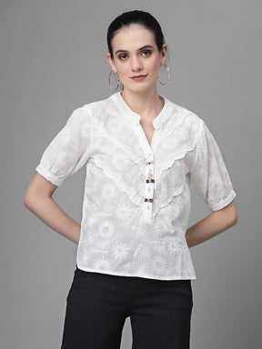 Women Straight Fit V-Neck Embroidered Blouson Top
