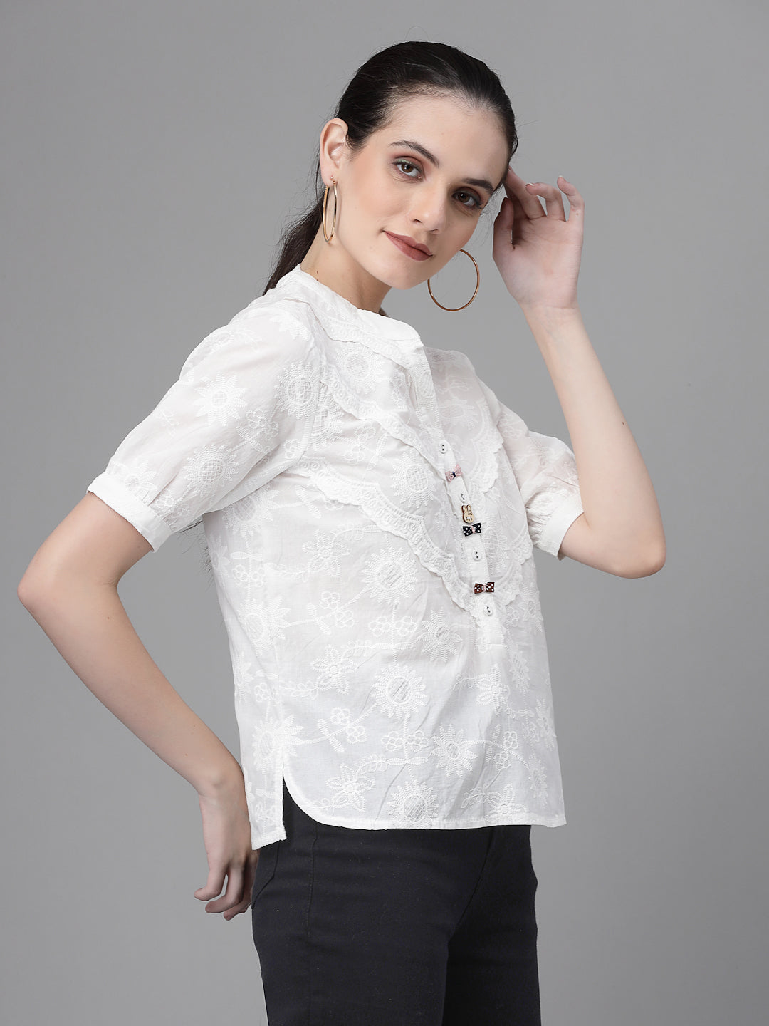Women Straight Fit V-Neck Embroidered Blouson Top