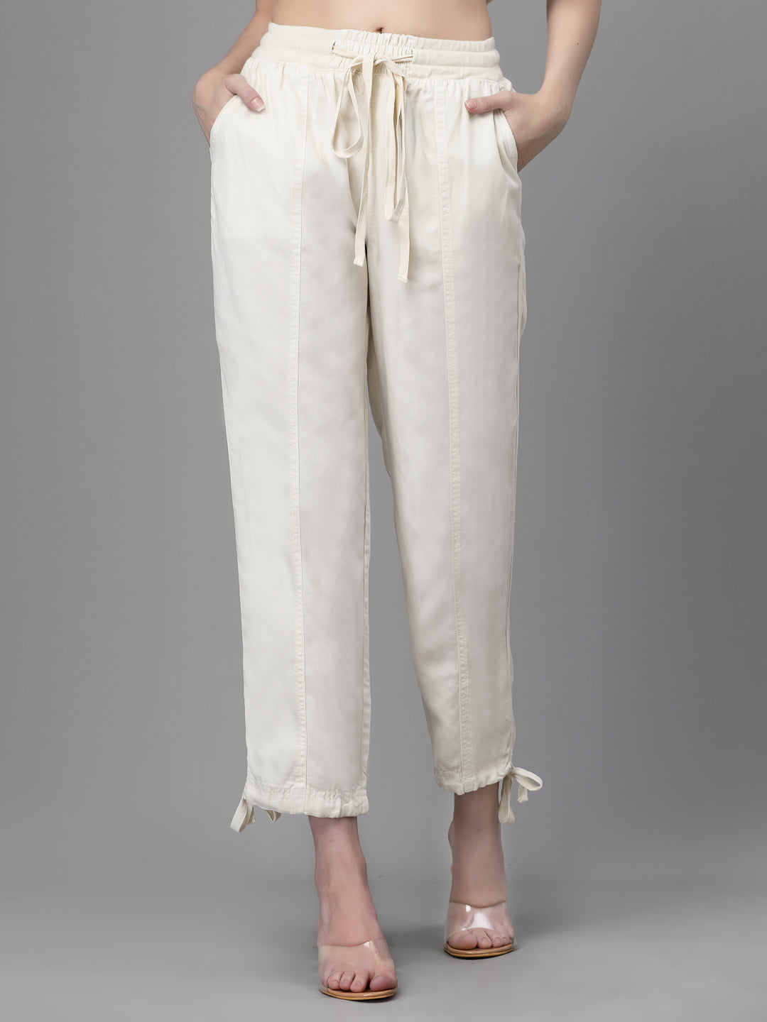 Women Cream Tencel Solid Lower