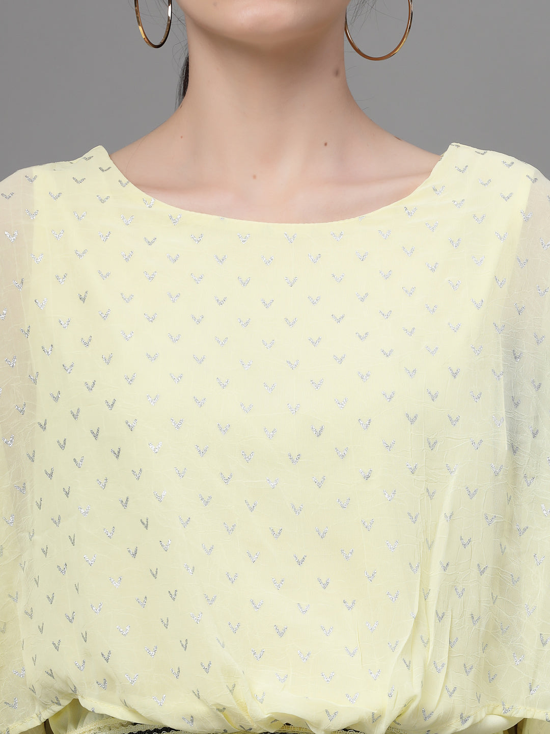 Women Flared Yellow Round Neck Blouse Top