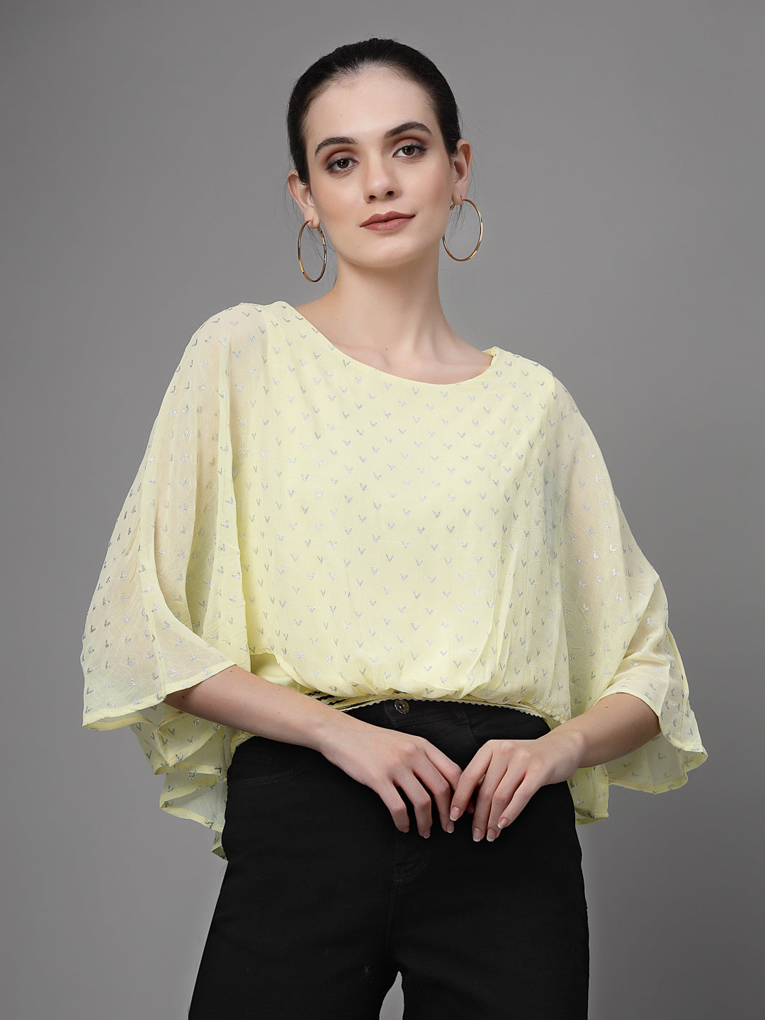 Yellow Flared Sleeves Printed Crop Top