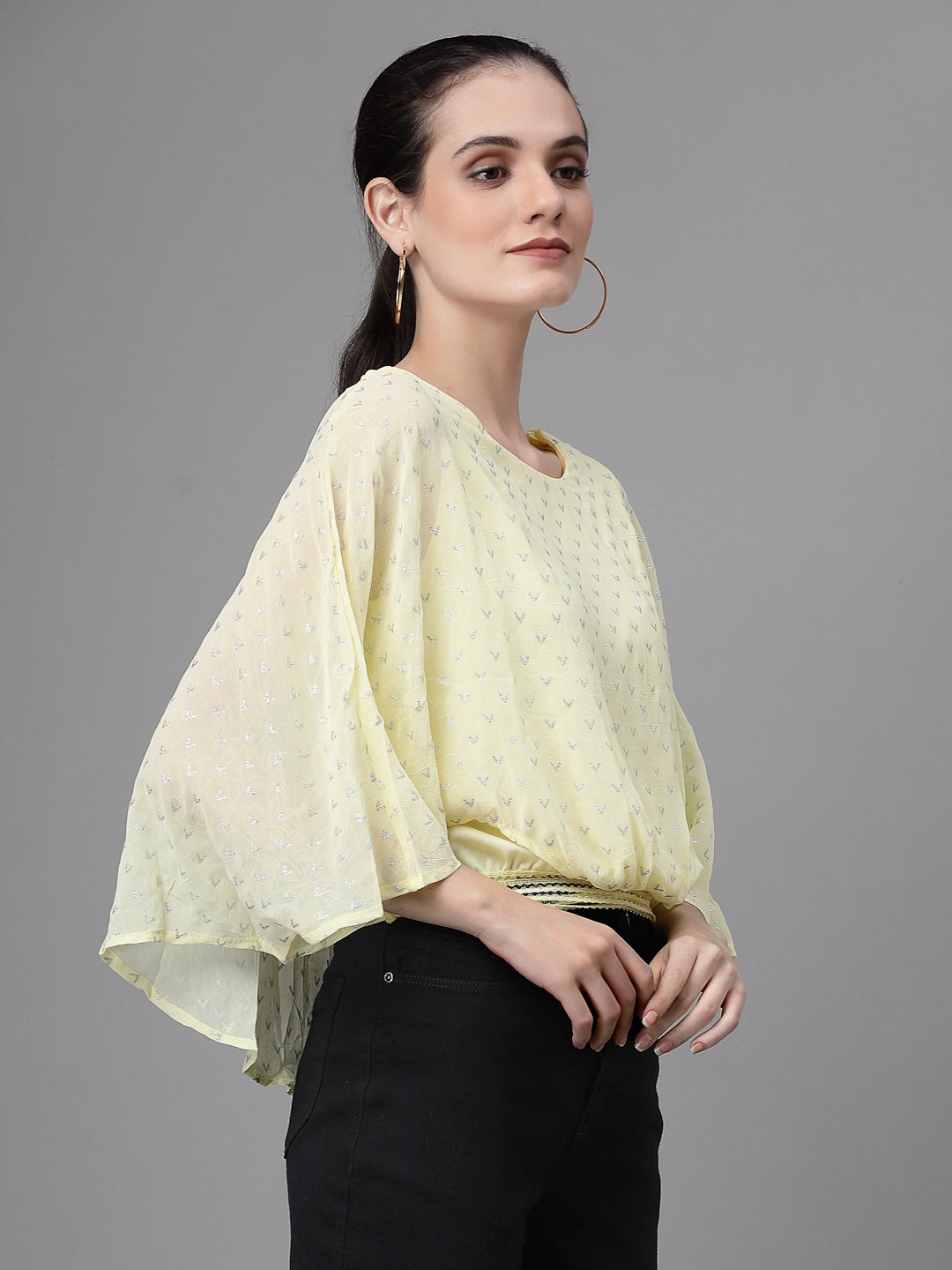 Women Flared Yellow Round Neck Blouse Top