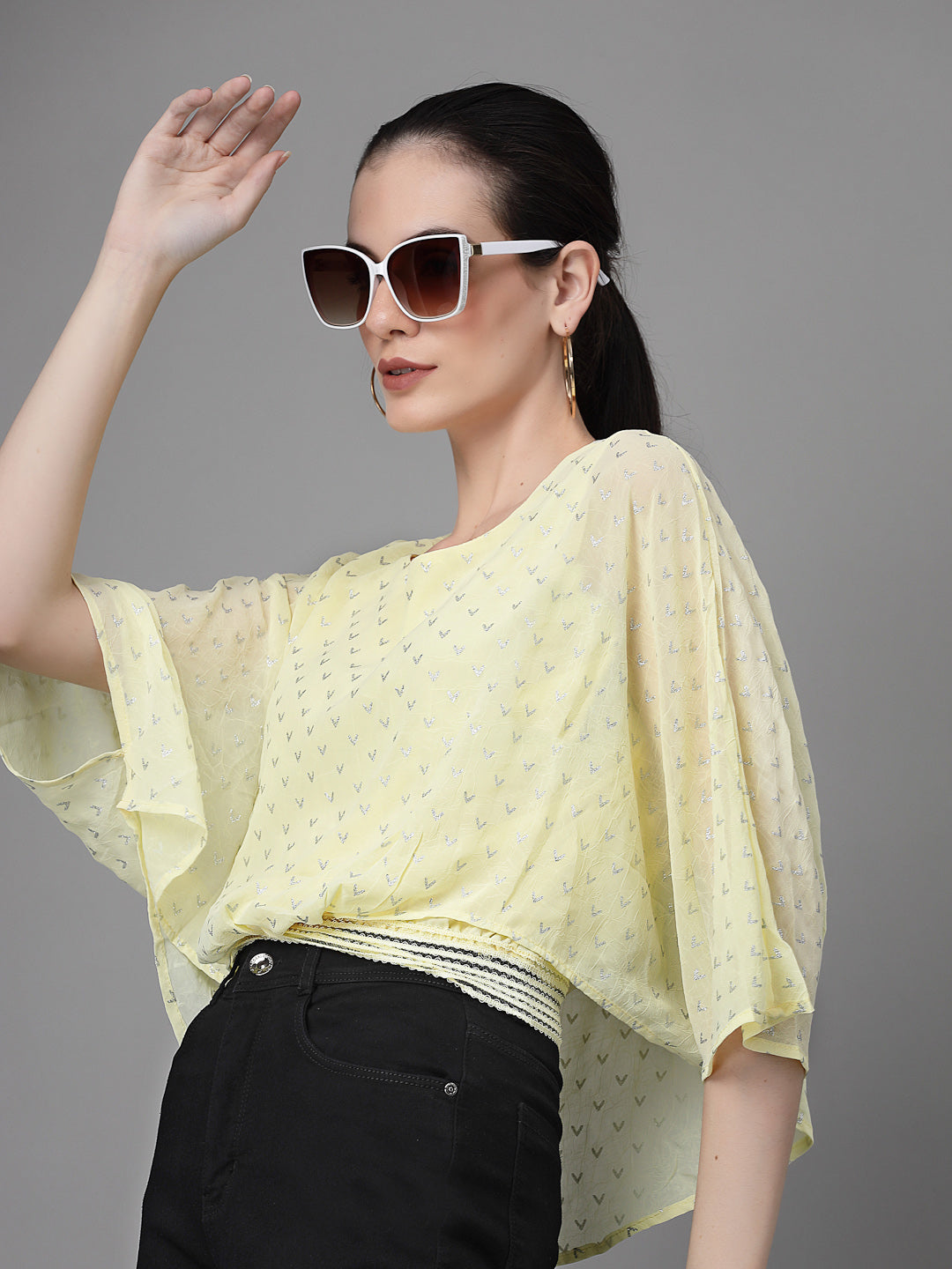Yellow Flared Sleeves Printed Crop Top