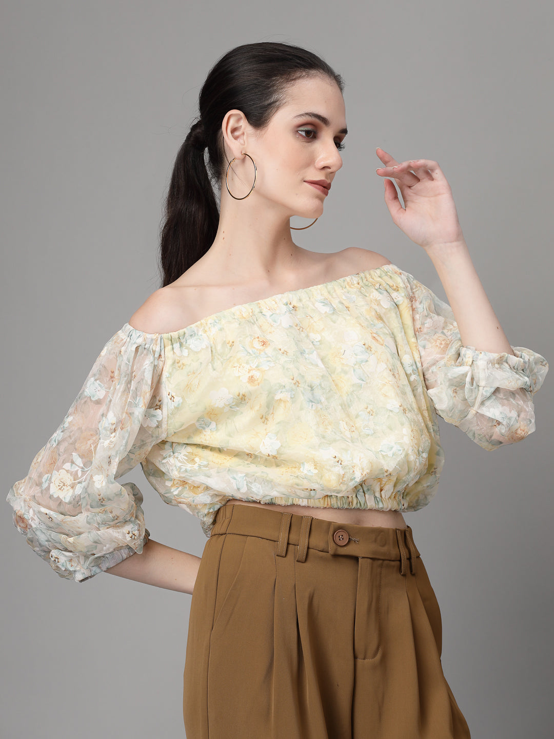 Off-Shoulder Printed Cropped  Blouson Top - Global Republic