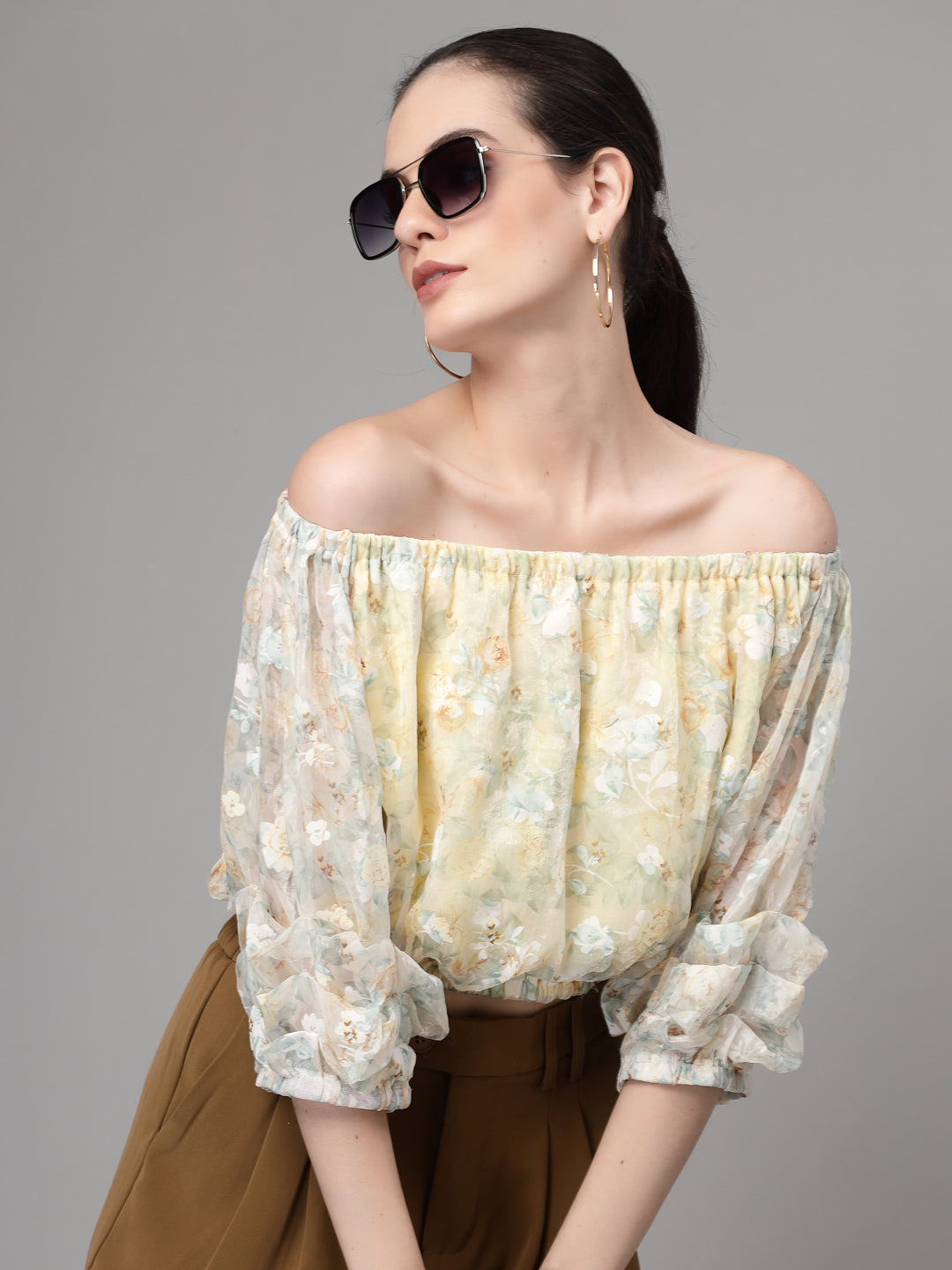 Off-Shoulder Printed Cropped  Blouson Top - Global Republic