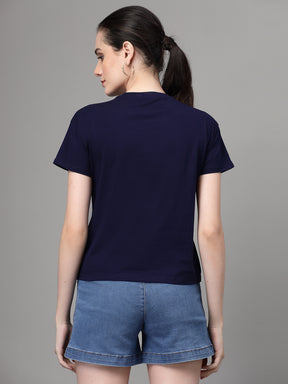 Women Navy Blue Round Neck Regular Fit Embellished T-Shirt