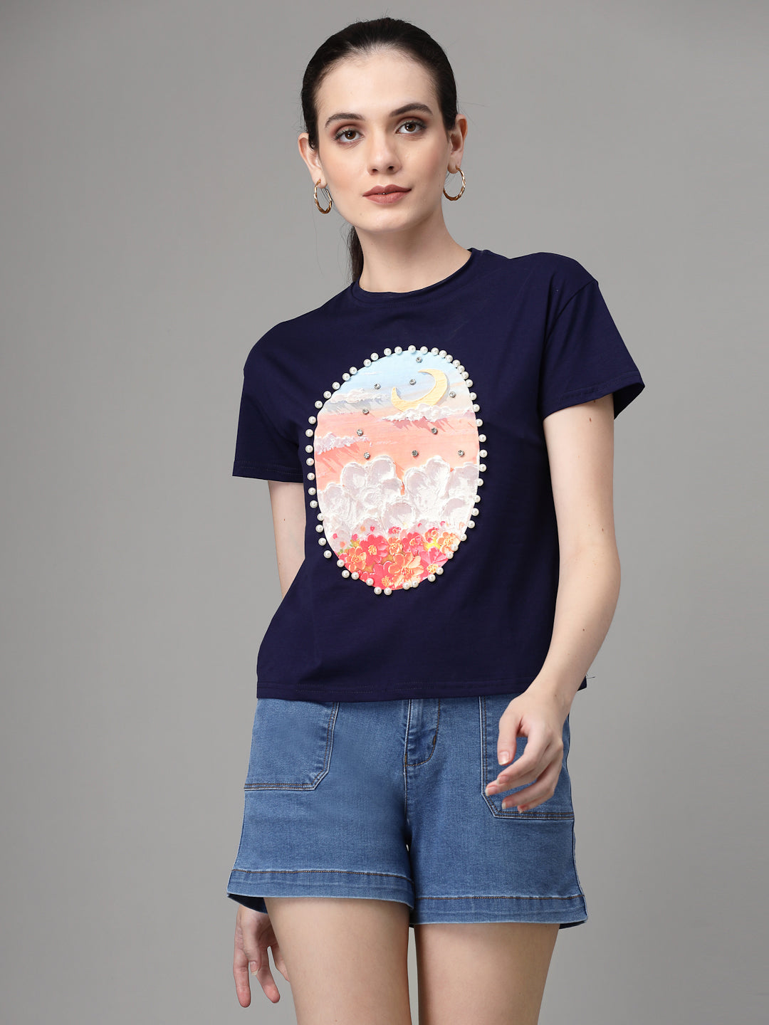 Women Navy Blue Round Neck Regular Fit Embellished T-Shirt