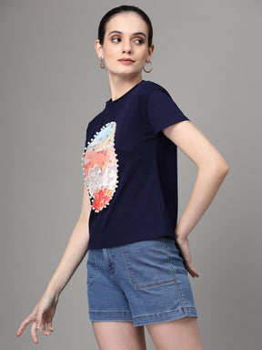 Women Navy Blue Round Neck Regular Fit Embellished T-Shirt