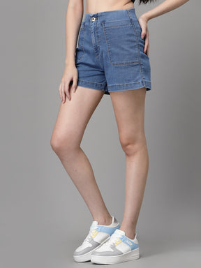 Women Blue Cotton Solid Shorts