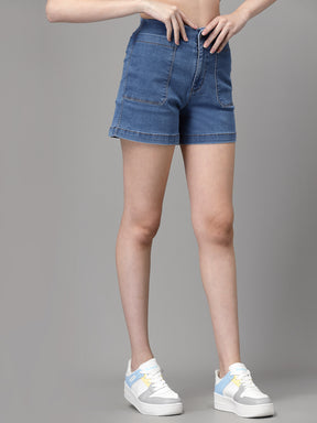 Women Blue Cotton Solid Shorts