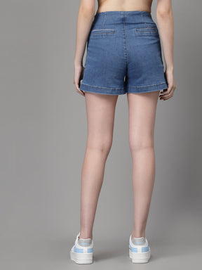 Women Blue Cotton Solid Shorts