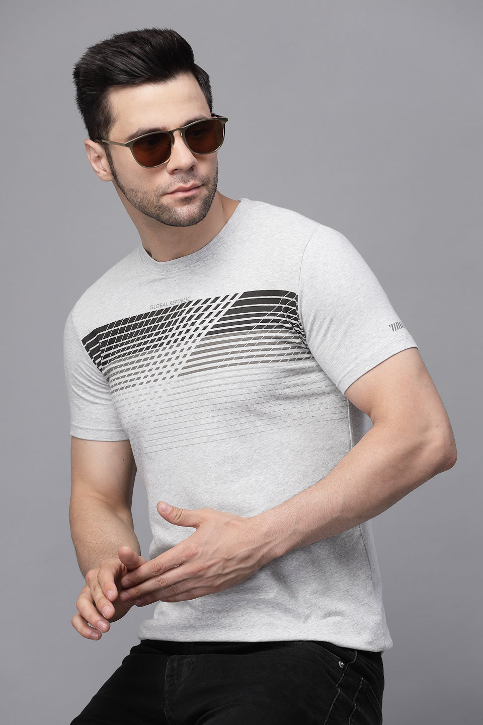 Mens Grey Round Neck Printed T-Shirt