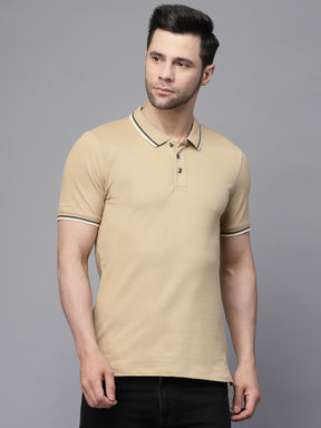 Mens Khaki Collar Neck Solid T-Shirt