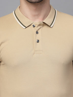 Mens Khaki Collar Neck Solid T-Shirt