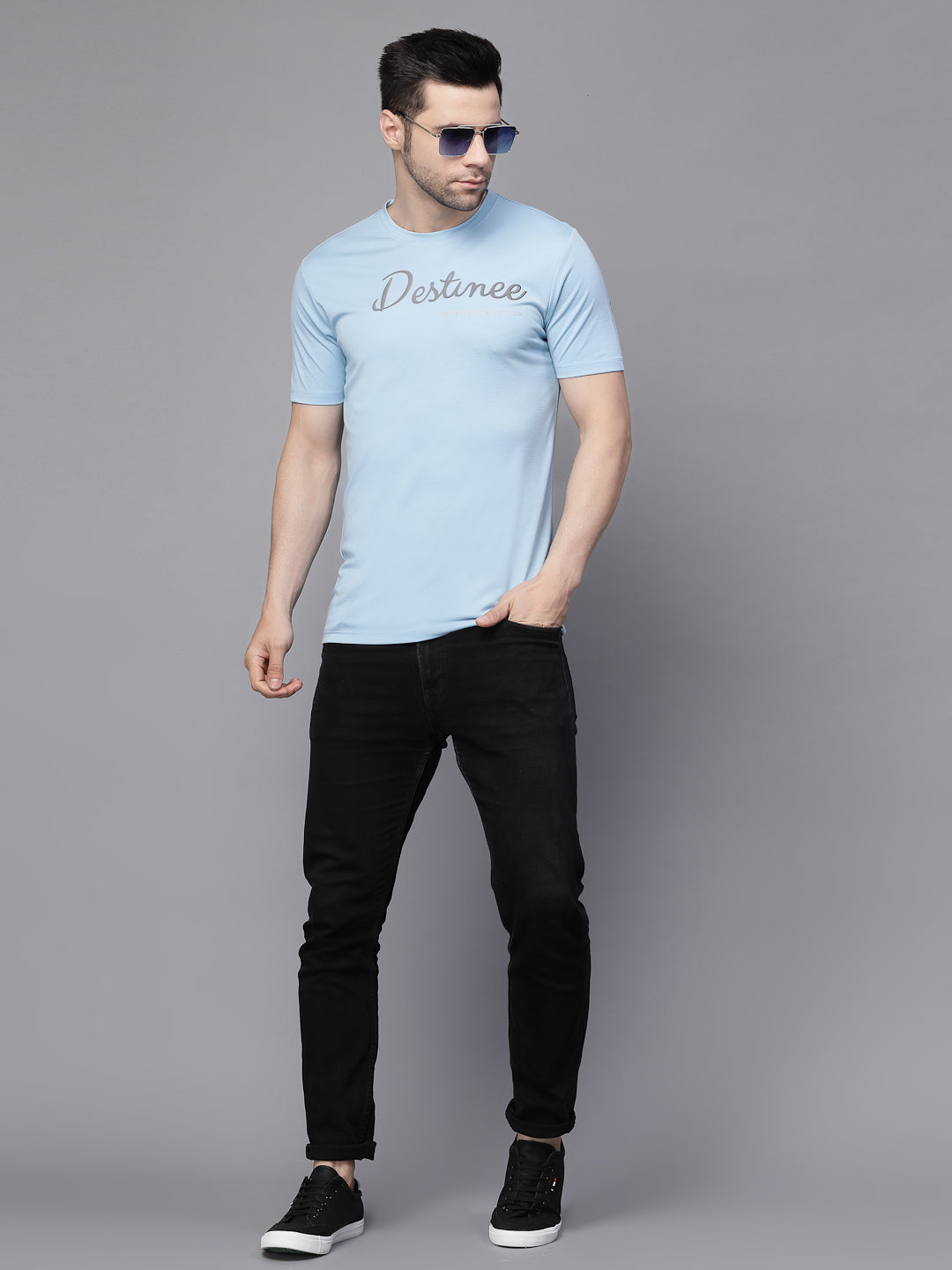 Mens Sky Blue Round Neck Printed T-Shirt - Global Republic