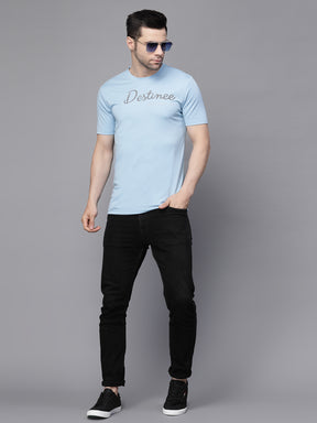 Mens Sky Blue Round Neck Printed T-Shirt