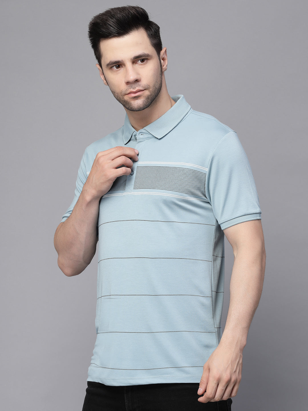 Deep Blue Collar Neck Printed T-Shirt - Global Republic