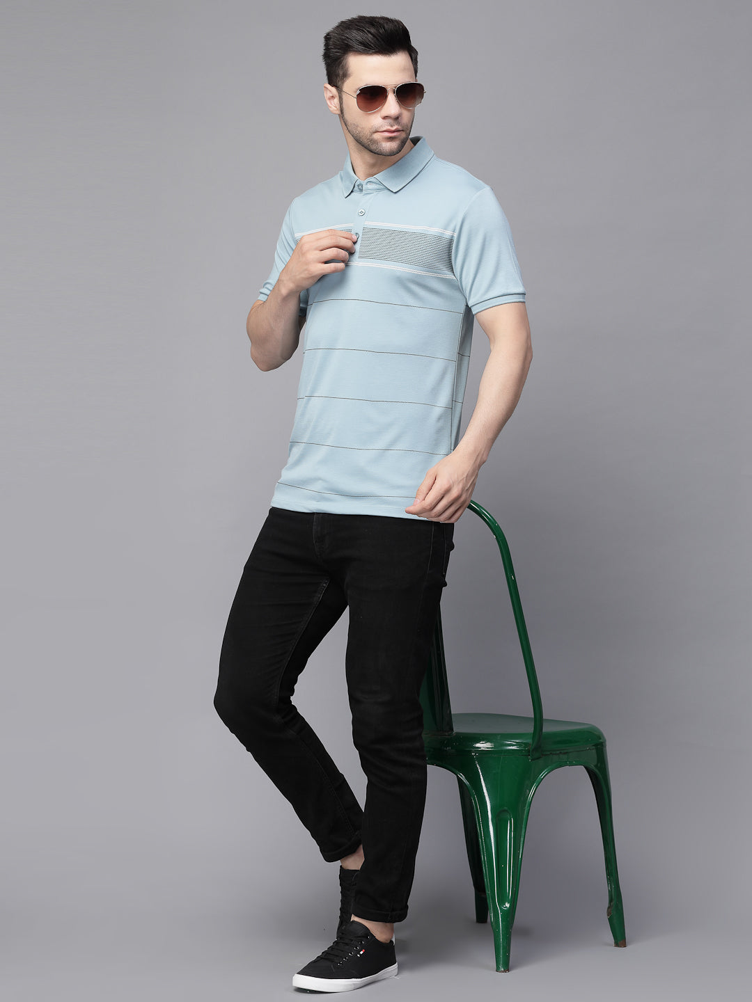 Deep Blue Collar Neck Printed T-Shirt - Global Republic